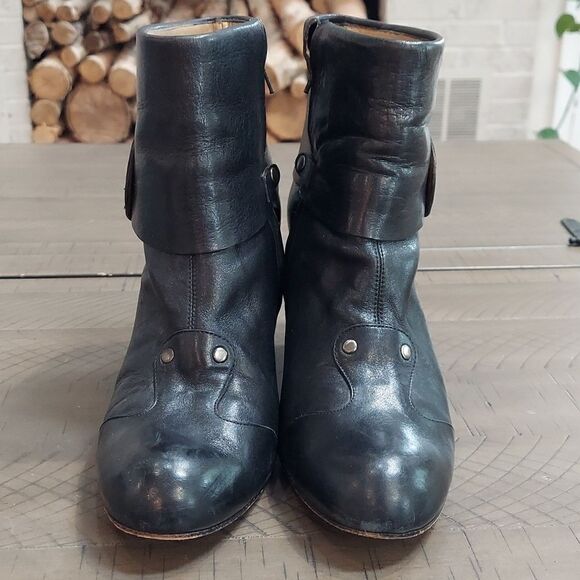 Muxart Black Leather Fold Over Heeled Ankle Booties Sz 39 - Picture 2 of 15